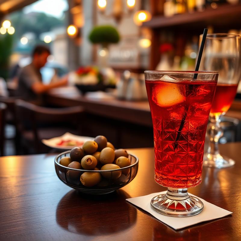 Aperitivo con cocktail rosso e olive sul bancone del bar