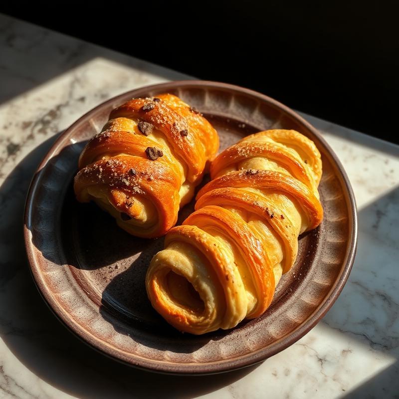 Cornetti sfogliati appena sfornati su piatto in ceramica